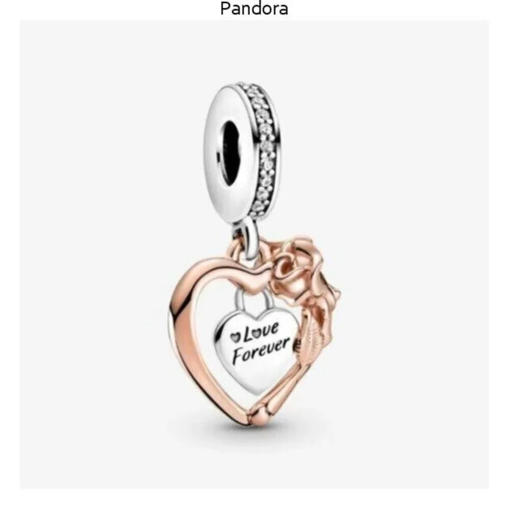 Pandora Heart & Rose Flower Dangle Charm